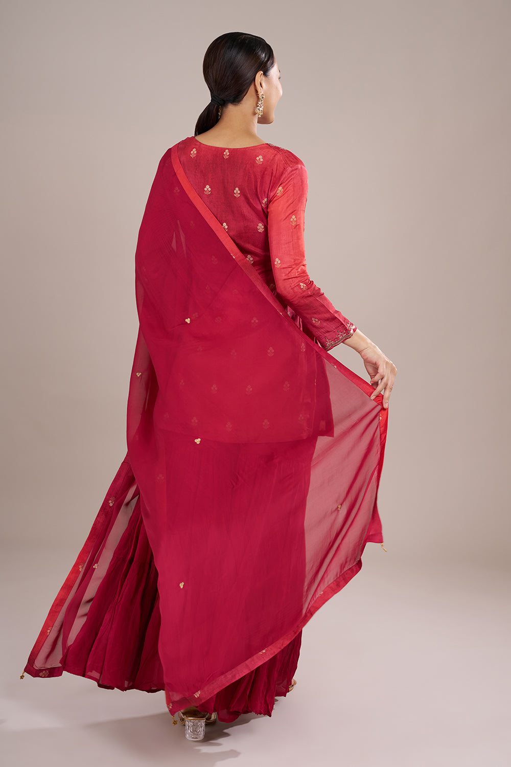 Crimson Red Silk Crepe Sharara Set with Resham Embroidery