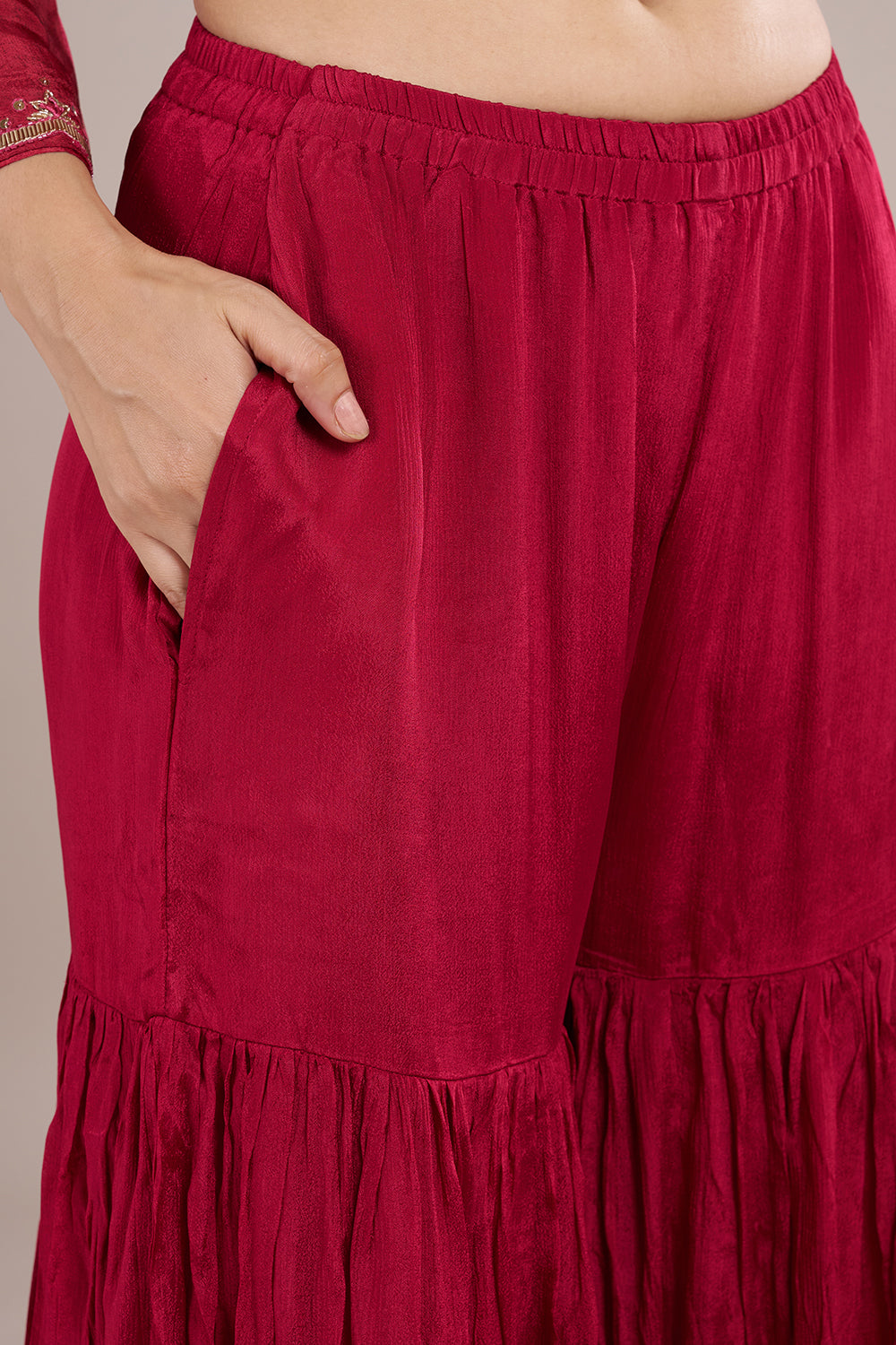 Crimson Red Silk Crepe Sharara Set with Resham Embroidery