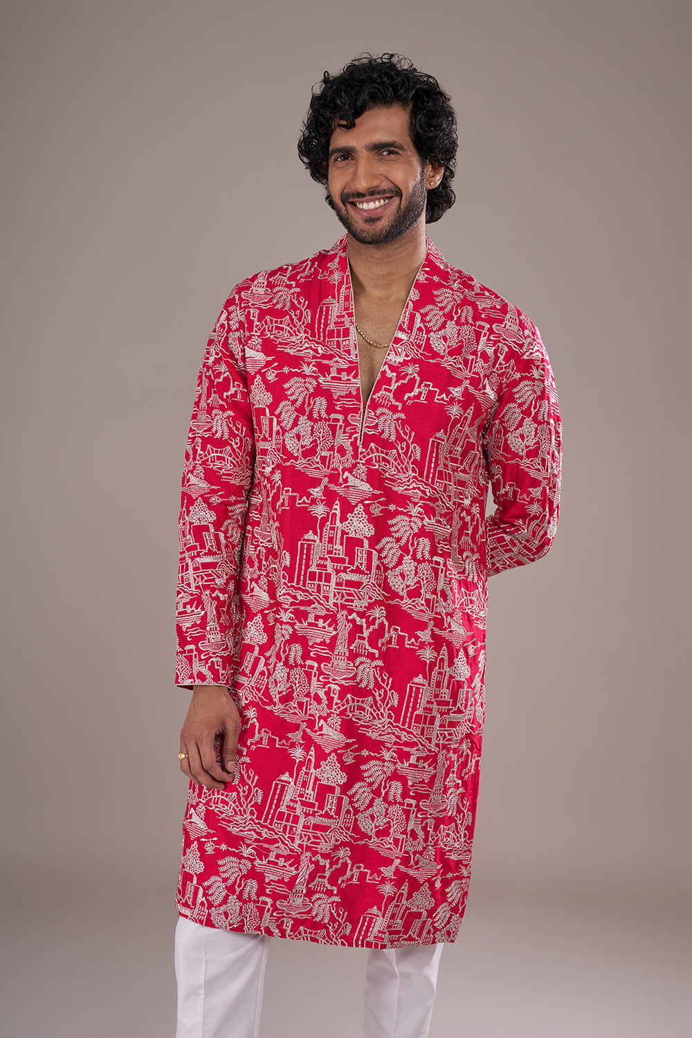Crimson Silk Blend Men's Kurta Set with Threadwork