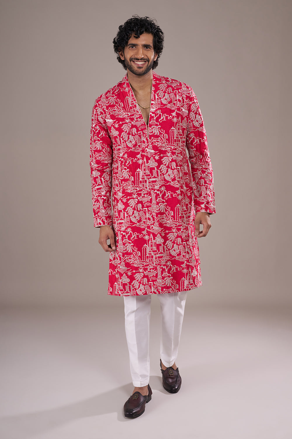 Crimson Silk Blend Men's Kurta Set with Threadwork