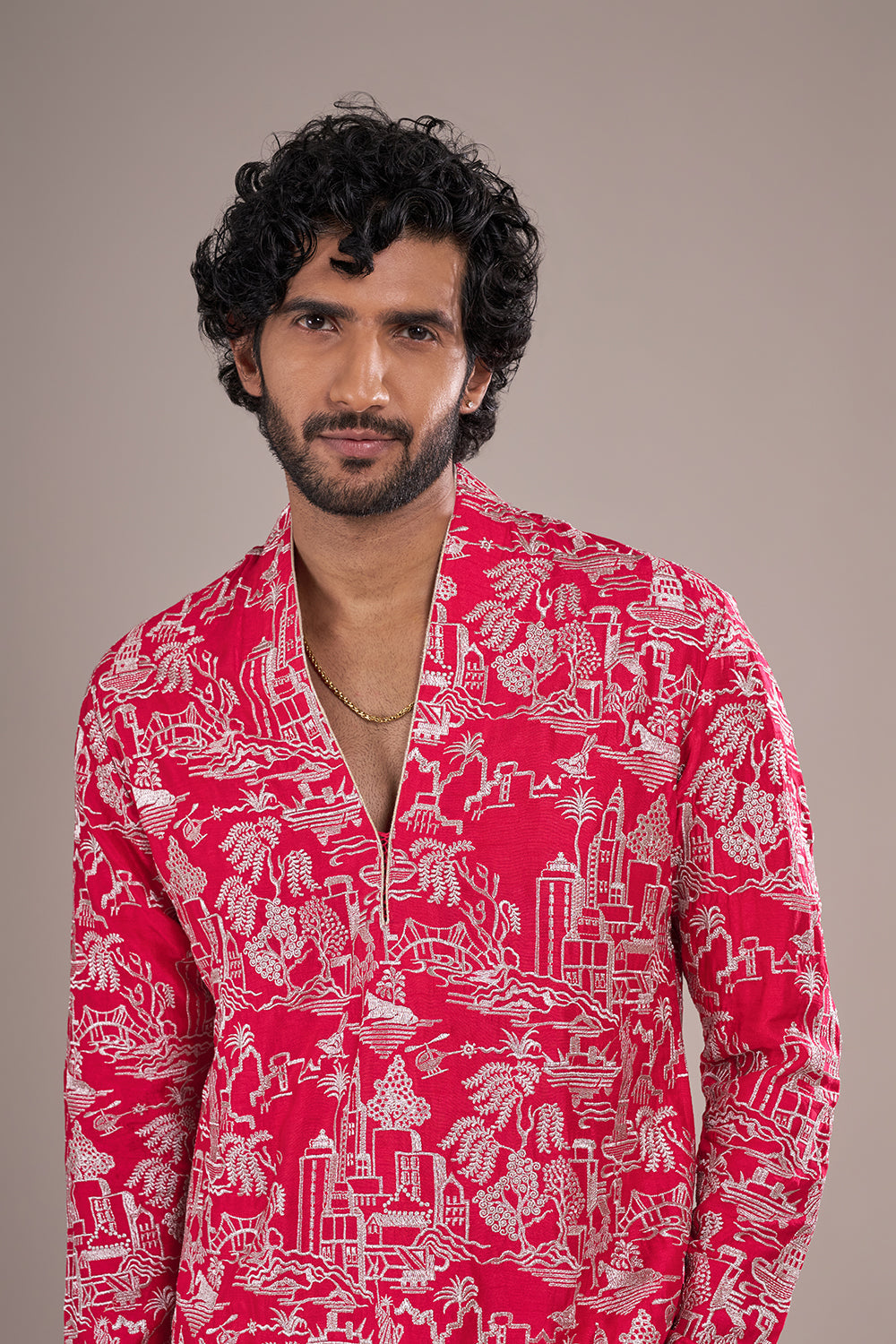 Crimson Silk Blend Men's Kurta Set with Threadwork