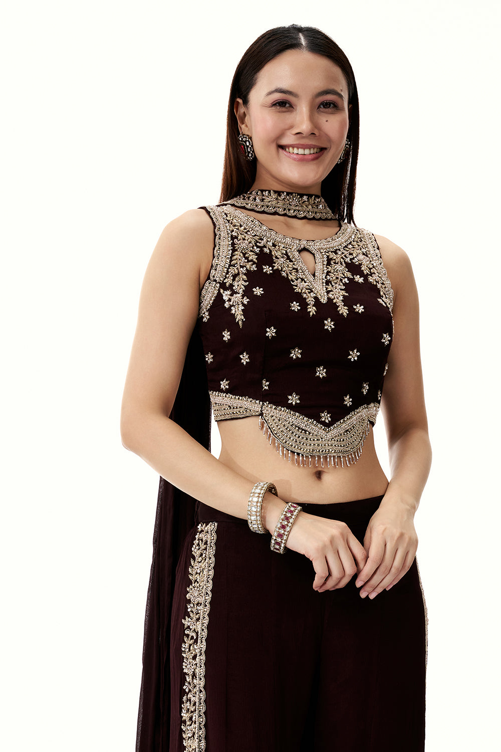 Dark Brown Crepe Set with Zari and Cutdana Work