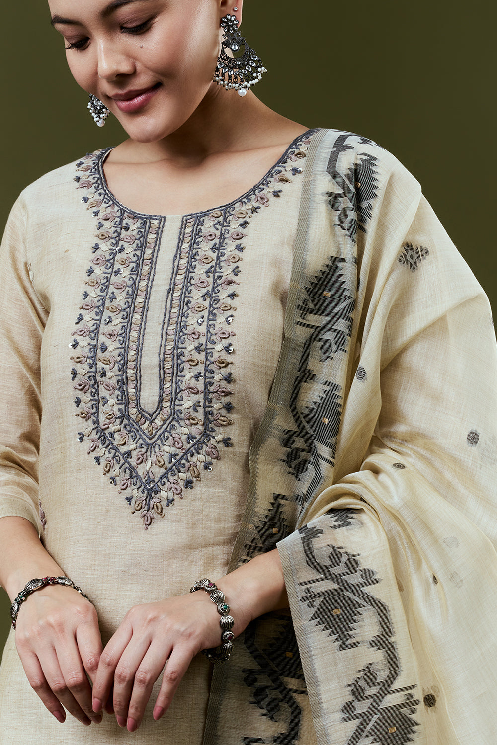 Dark Cream Khadi Silk Suit Set With French Knots Embroidery
