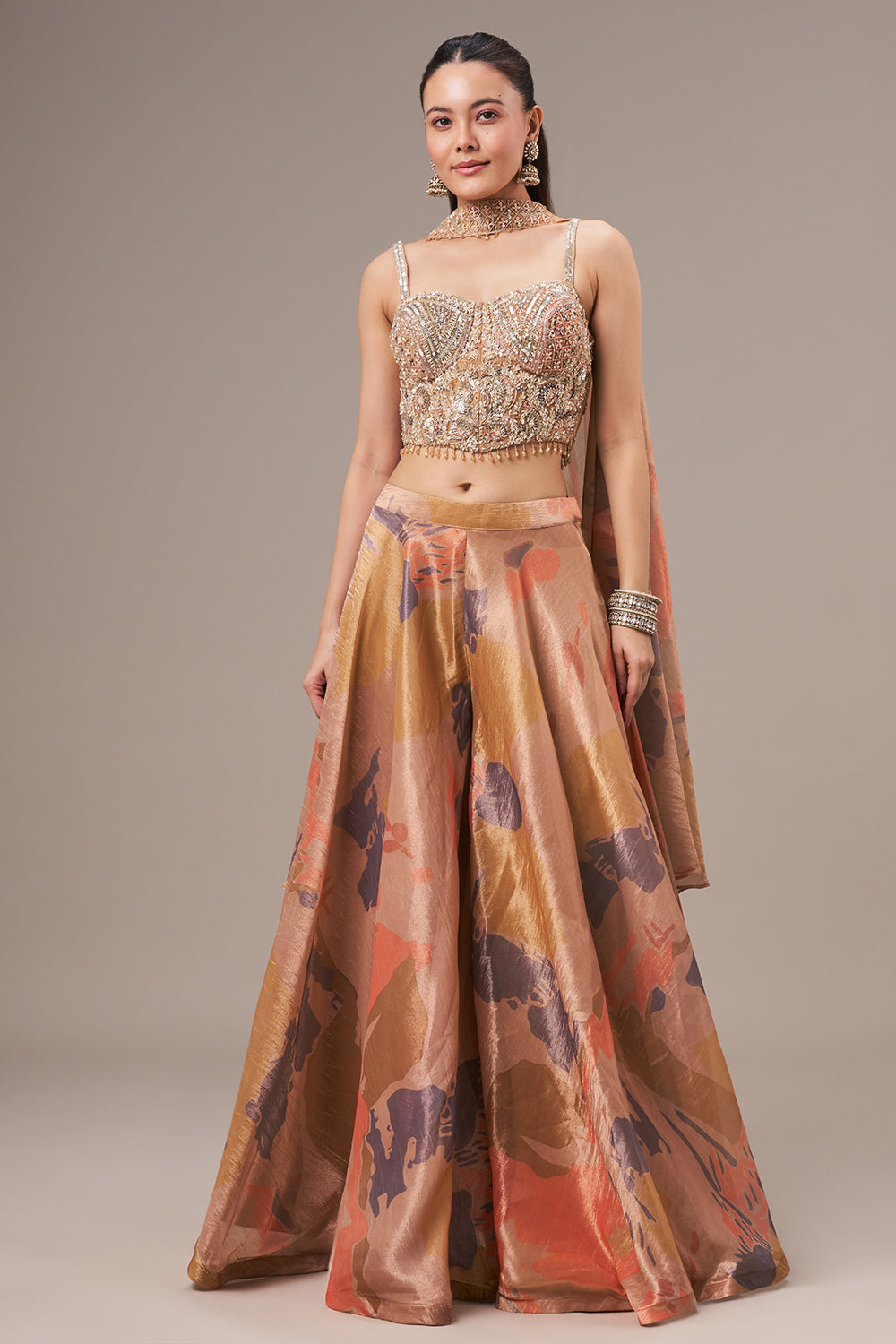 Dark Golden Tissue Crop Top Style Suit with Cutdana and Sequin Work