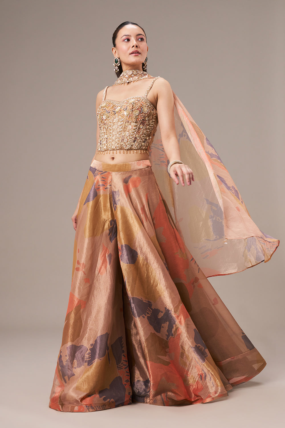 Dark Golden Tissue Crop Top Style Suit with Cutdana and Tassel Work