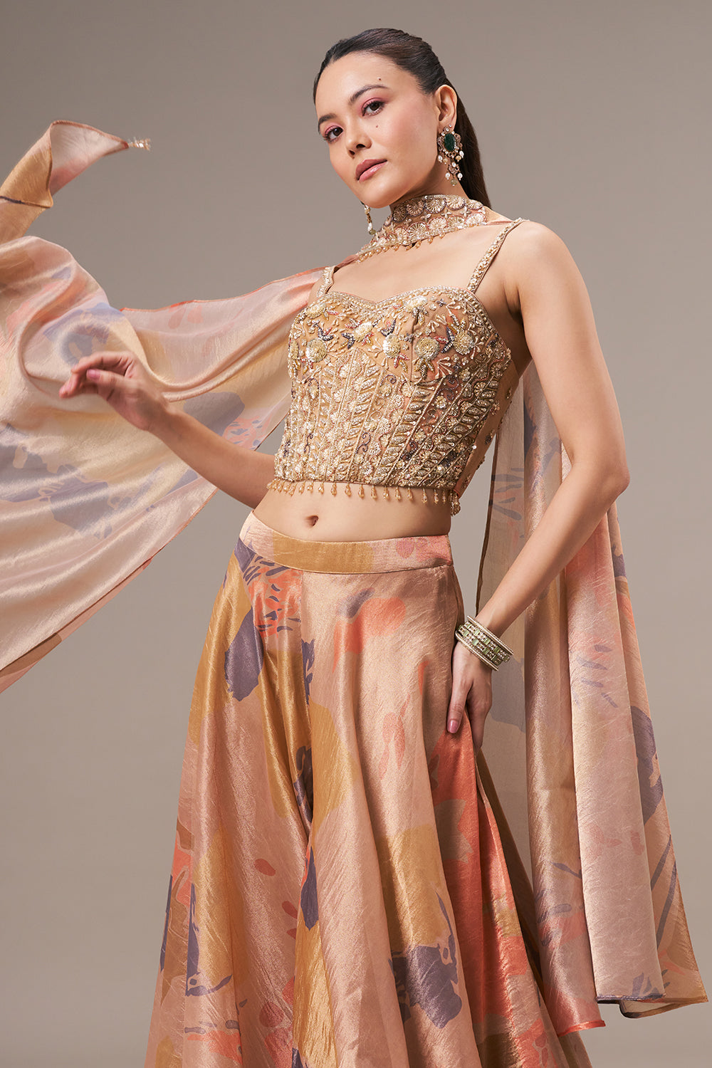 Dark Golden Tissue Crop Top Style Suit with Cutdana and Tassel Work