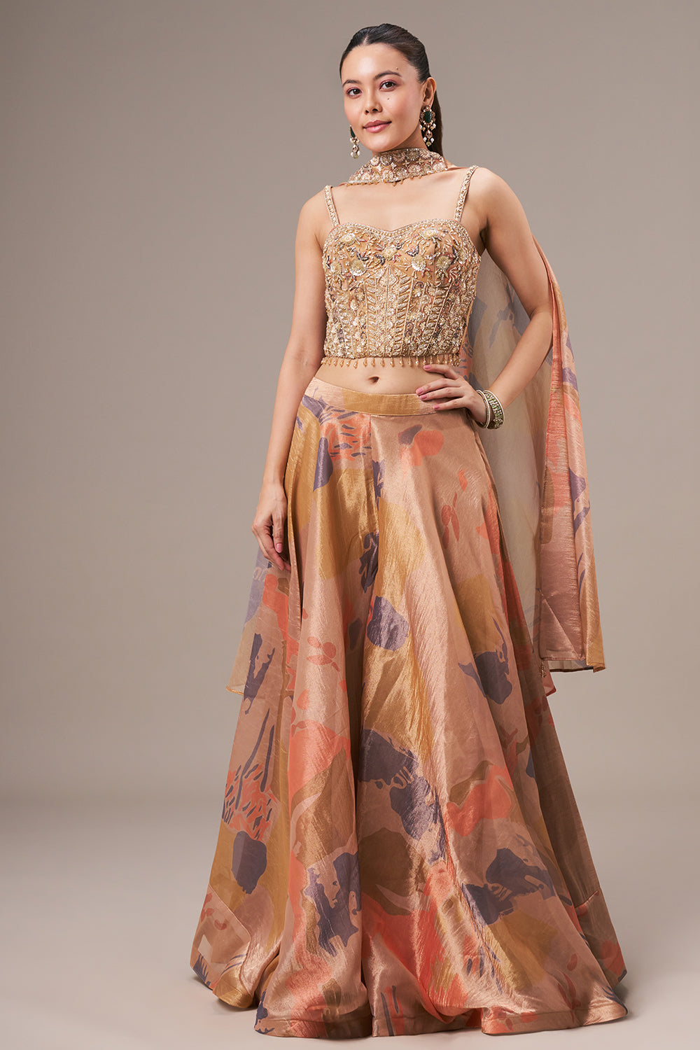 Dark Golden Tissue Crop Top Style Suit with Cutdana and Tassel Work