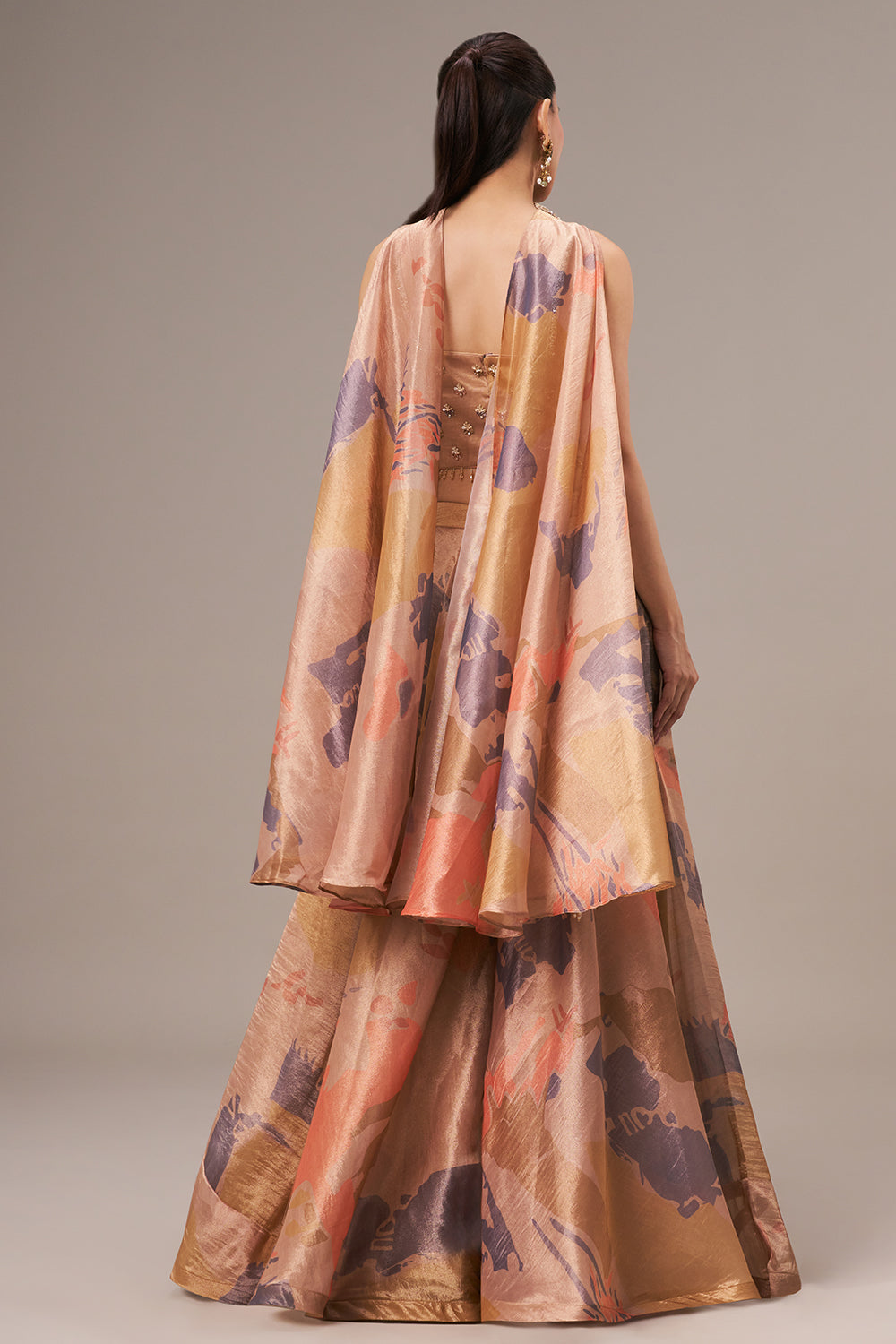 Dark Golden Tissue Crop Top Style Suit with Cutdana and Tassel Work