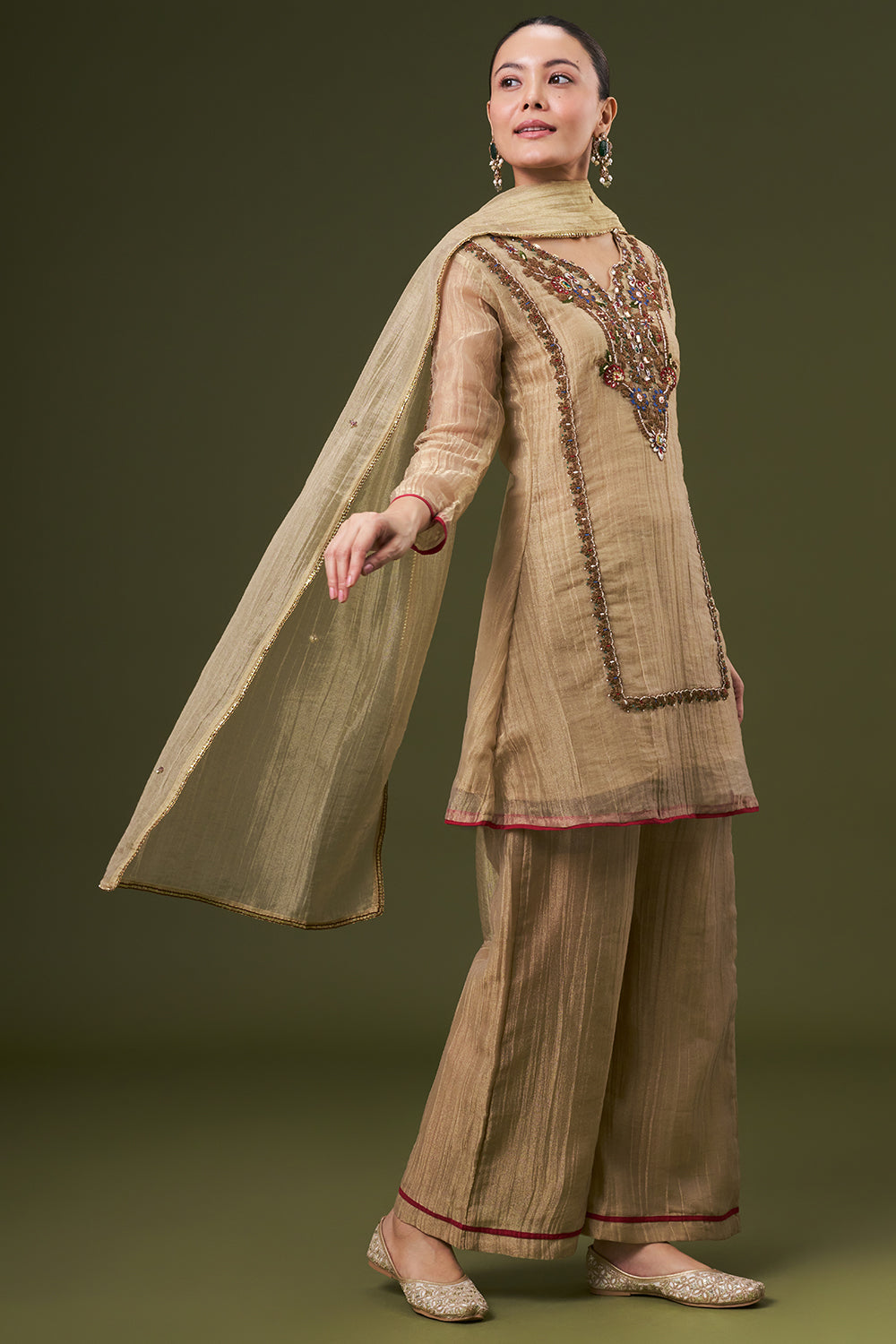 Dark Golden Tissue Salwar Kameez with Thread and Zari Work