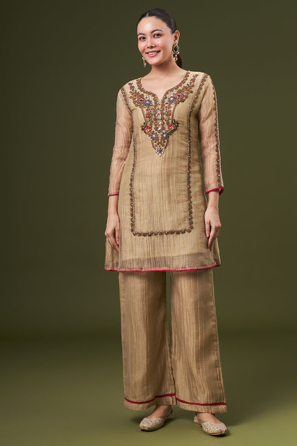 Dark Golden Tissue Salwar Kameez with Thread and Zari Work