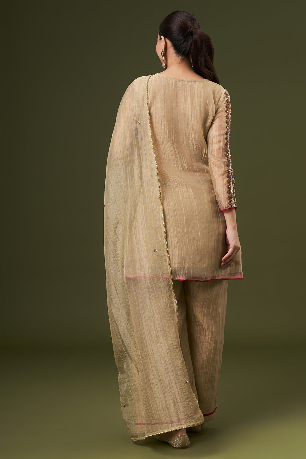 Dark Golden Tissue Salwar Kameez with Thread and Zari Work