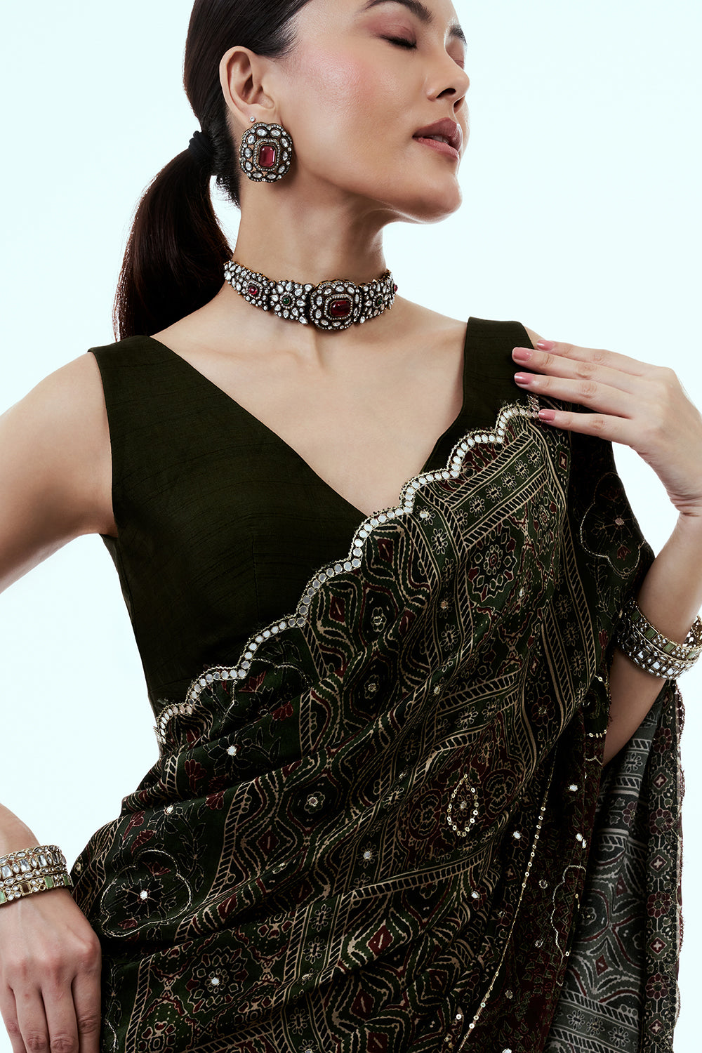 Dark Green Crepe Saree with Geometric Print and Mirror Work