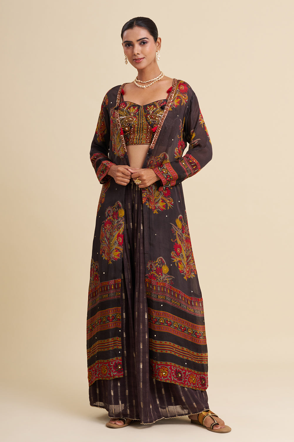 Dark Grey Georgette Cape Set with Printed Work