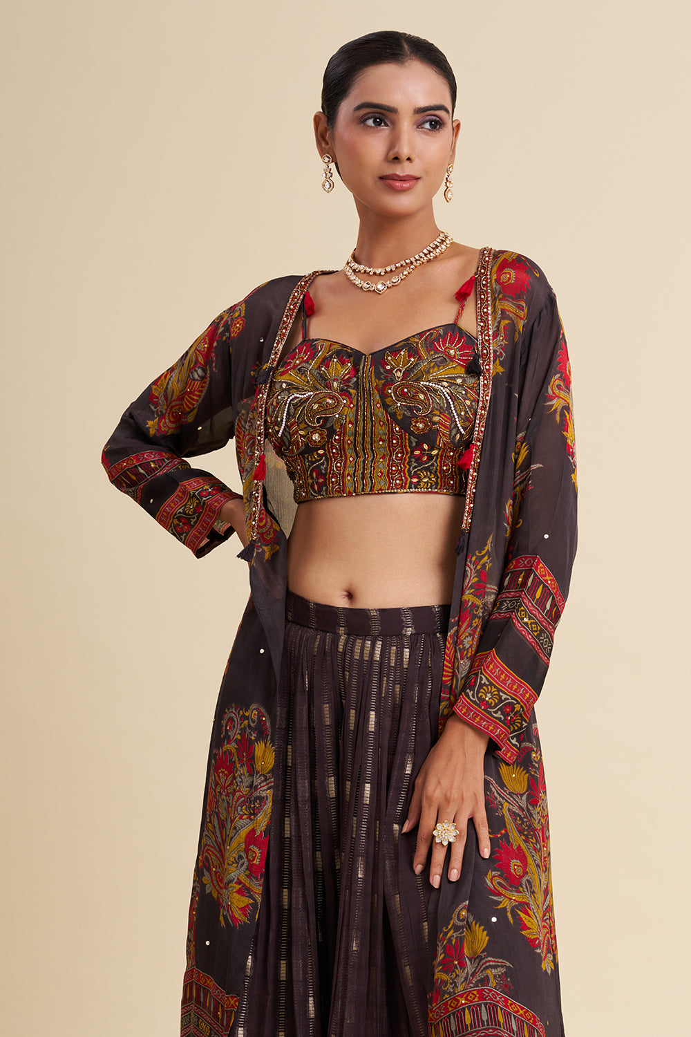 Dark Grey Georgette Cape Set with Printed Work