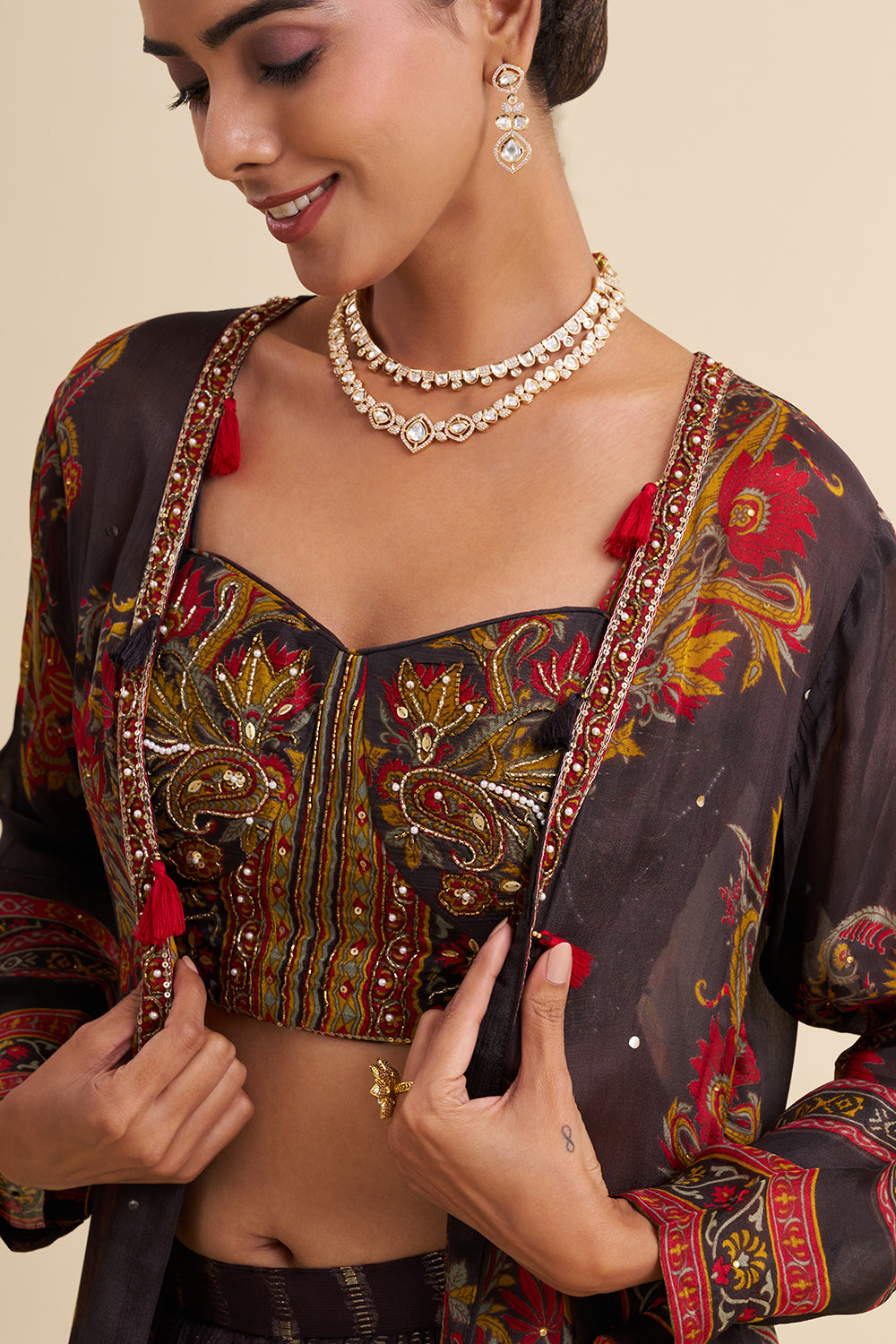 Dark Grey Georgette Cape Set with Printed Work