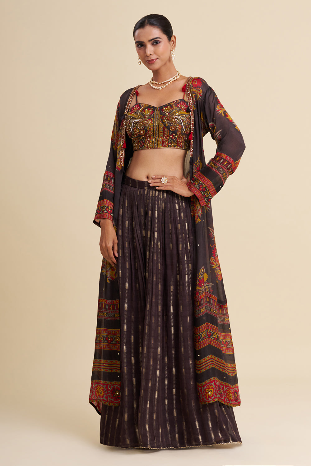 Dark Grey Georgette Cape Set with Printed Work