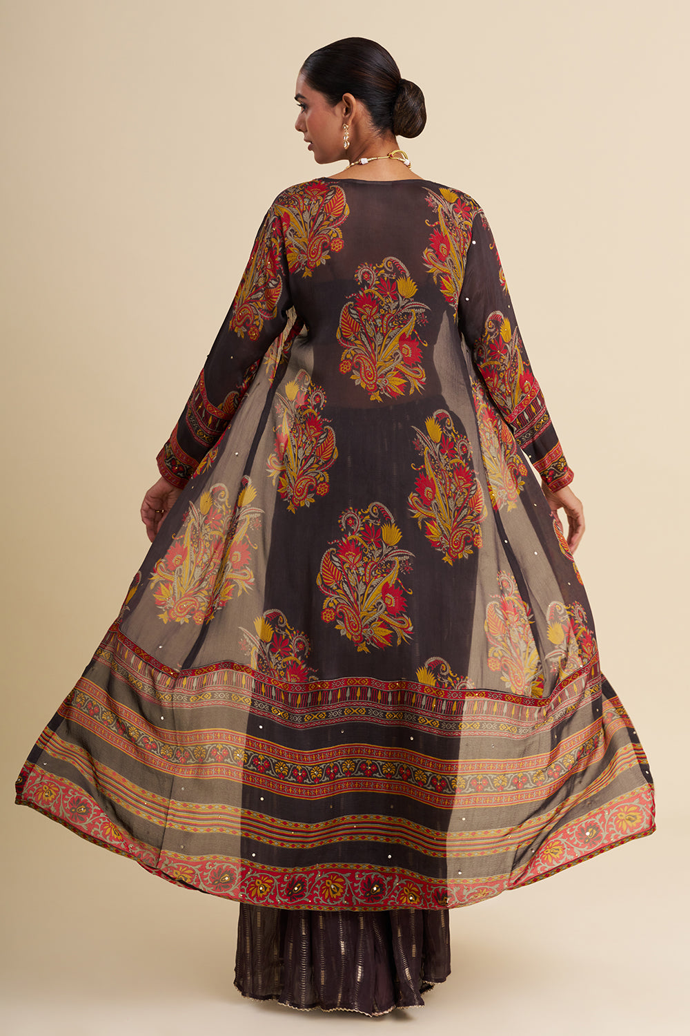 Dark Grey Georgette Cape Set with Printed Work