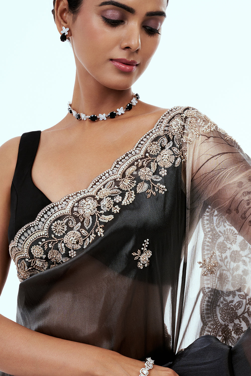 Dark Grey Shimmer Zari Tissue Printed & Embellished Saree