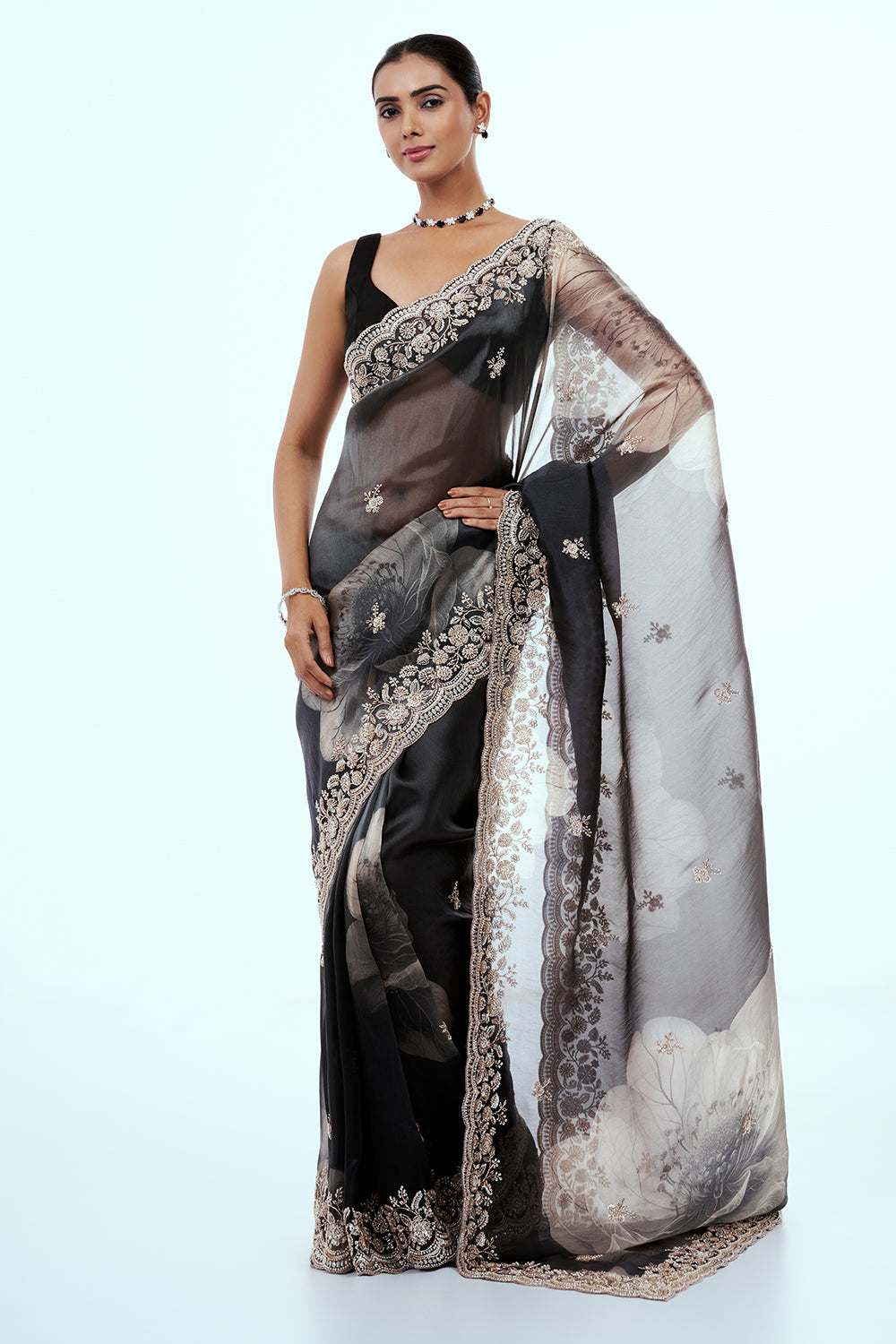 Dark Grey Shimmer Zari Tissue Printed & Embellished Saree
