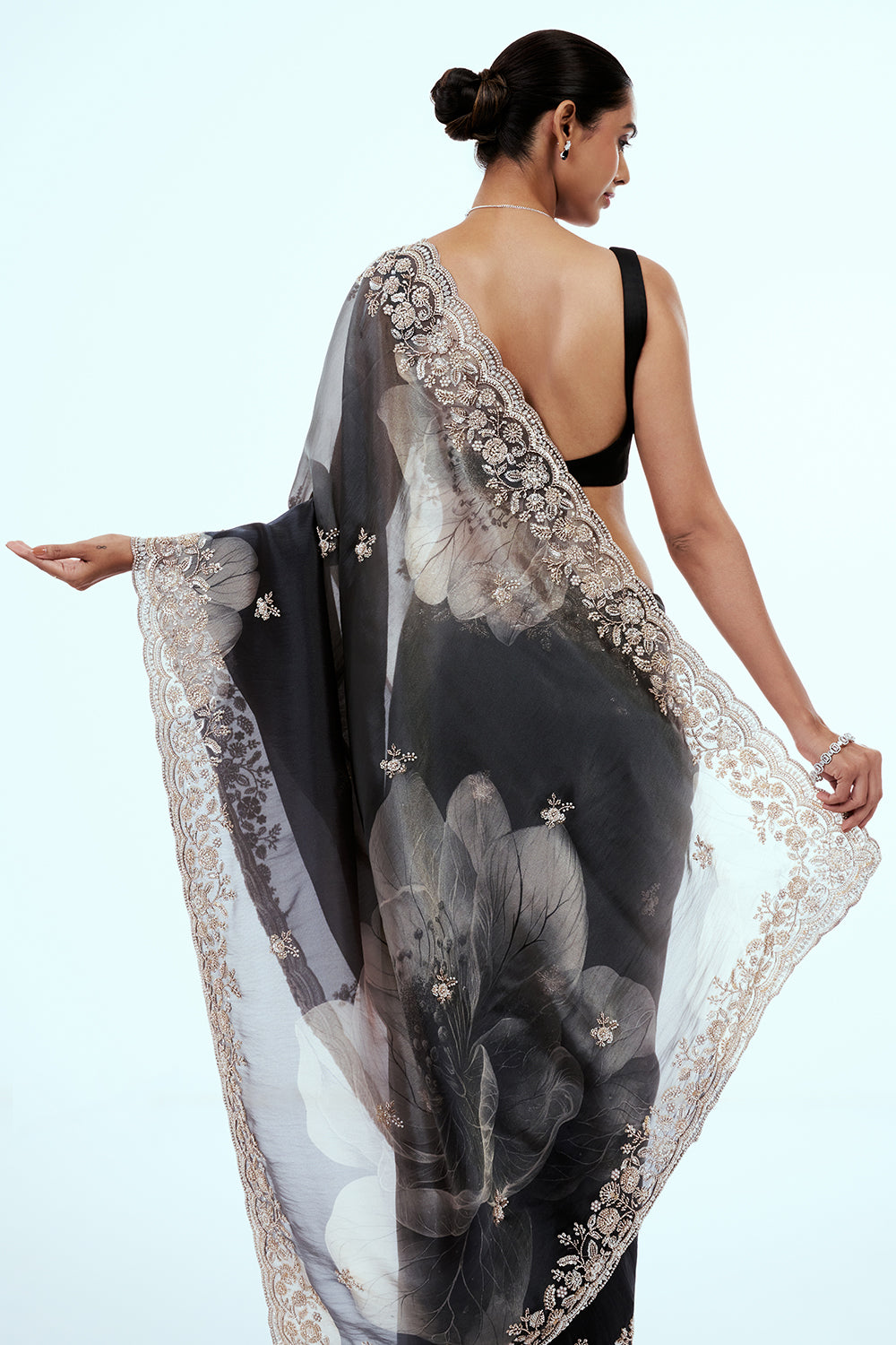 Dark Grey Shimmer Zari Tissue Printed & Embellished Saree