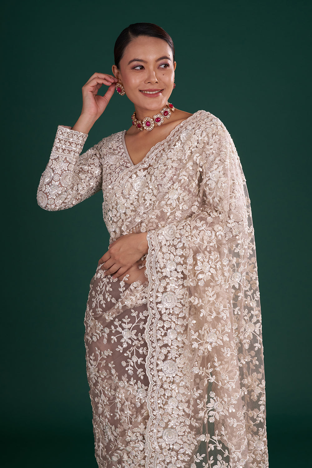 Dark Mauve Net Embroidered Saree with Scalloped Border and Stitched Blouse