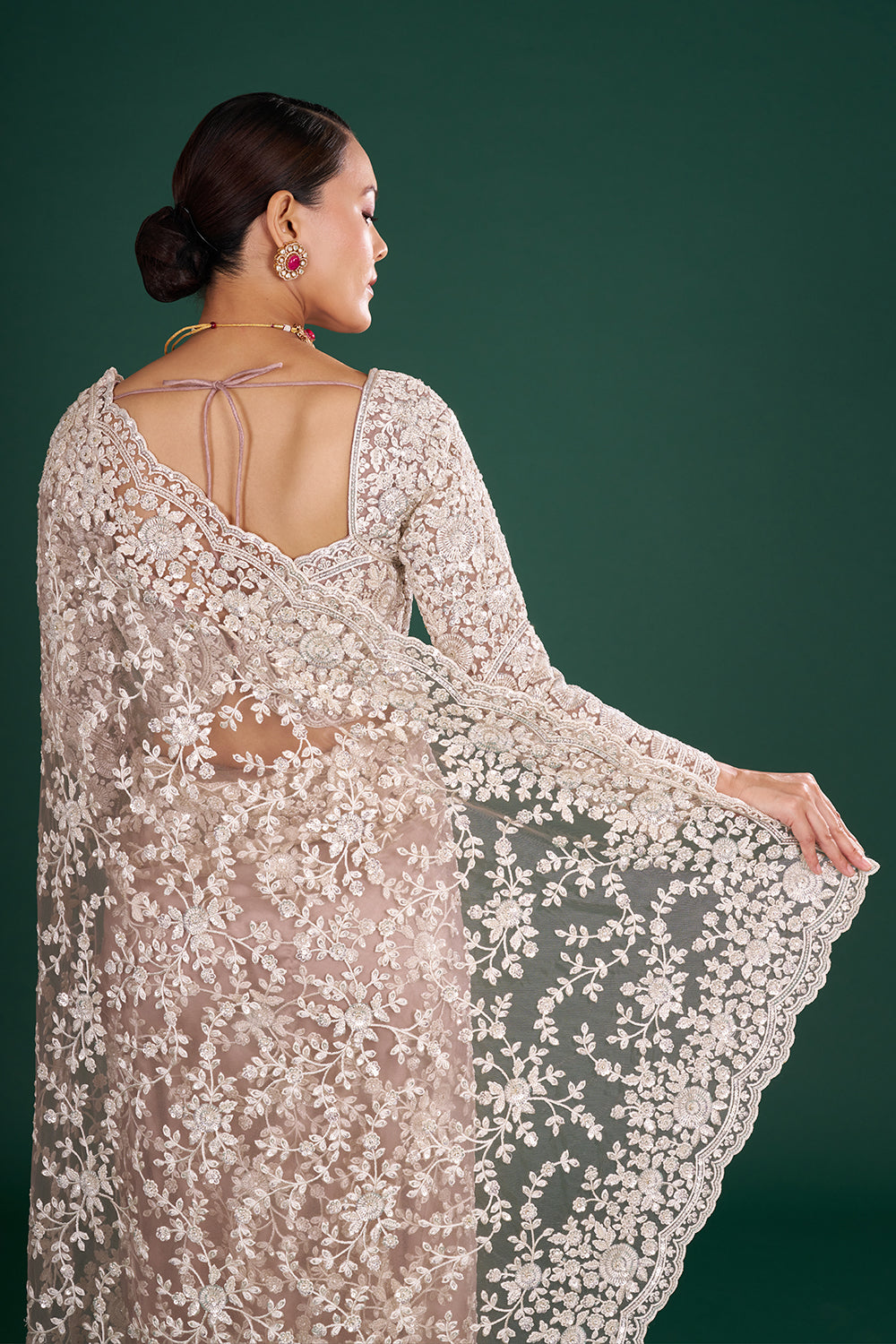 Dark Mauve Net Embroidered Saree with Scalloped Border and Stitched Blouse