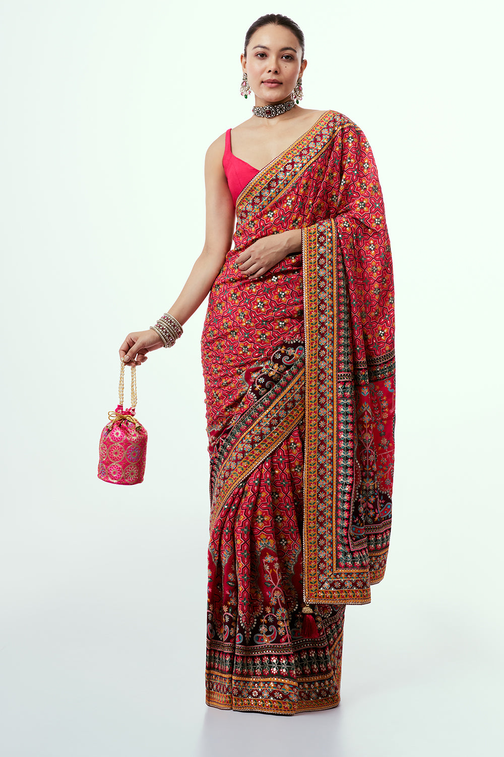Dark Peach Printed Silk Saree with Applique Work