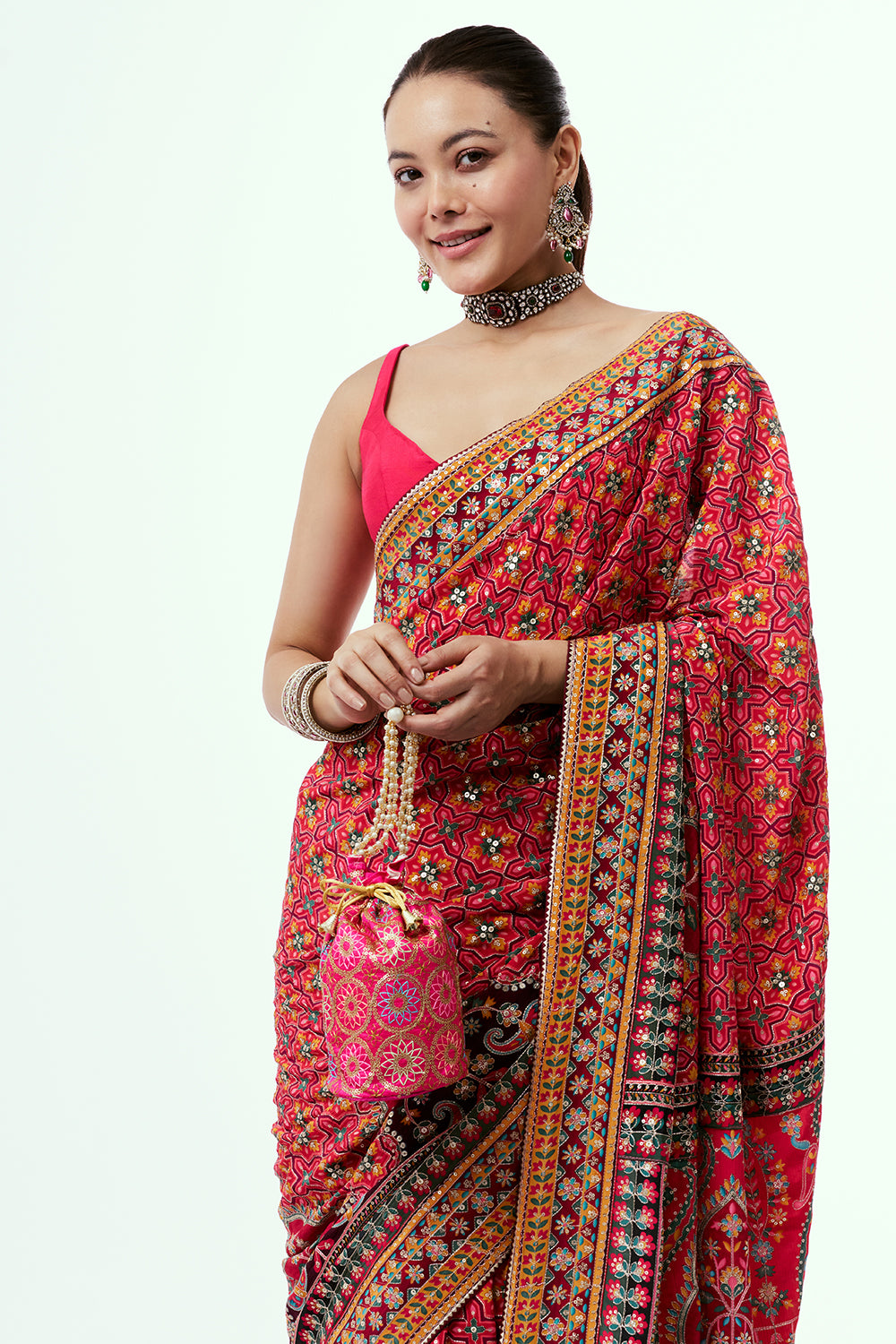 Dark Peach Printed Silk Saree with Applique Work