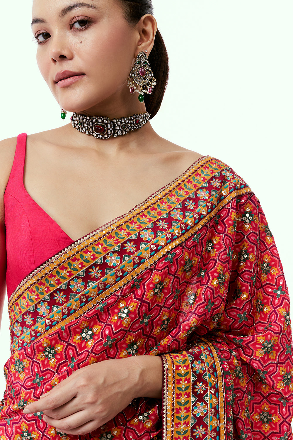 Dark Peach Printed Silk Saree with Applique Work