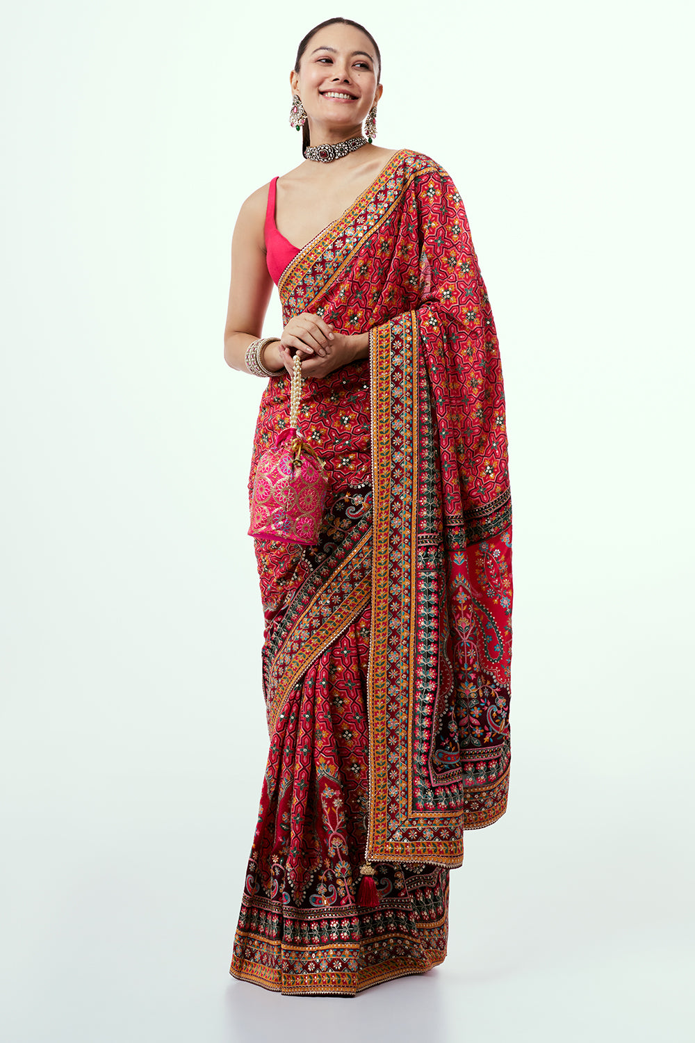 Dark Peach Printed Silk Saree with Applique Work