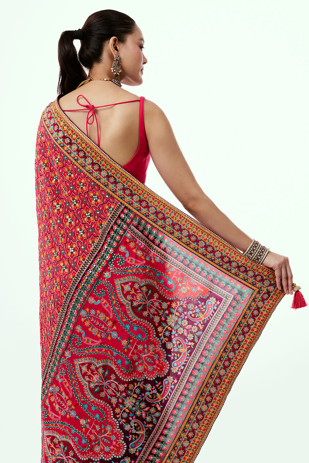 Dark Peach Printed Silk Saree with Applique Work