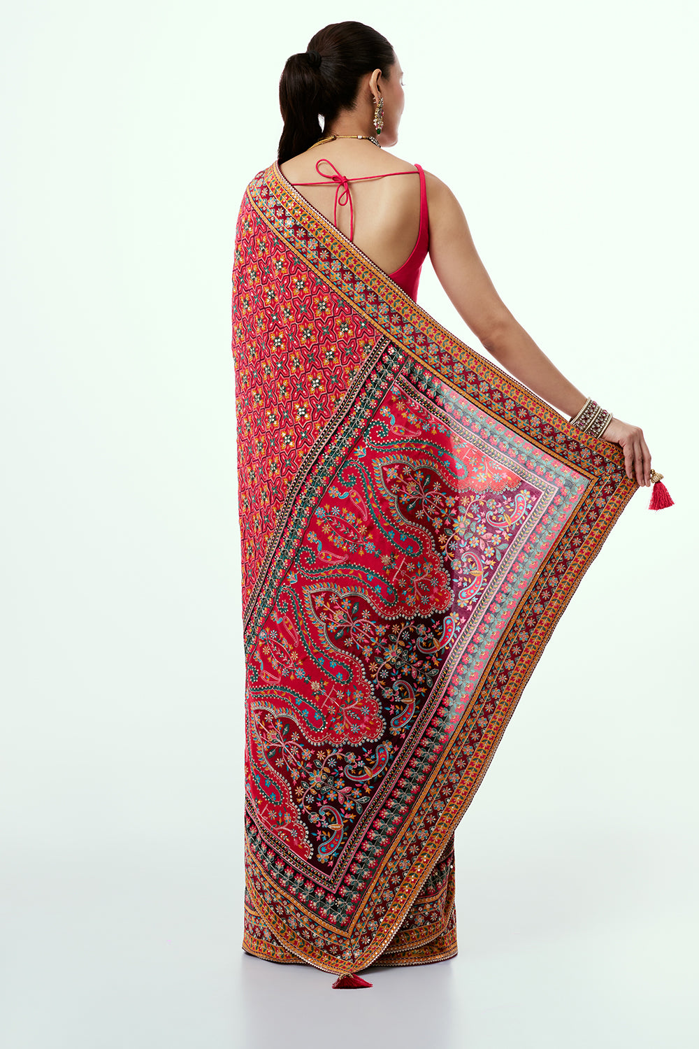 Dark Peach Printed Silk Saree with Applique Work