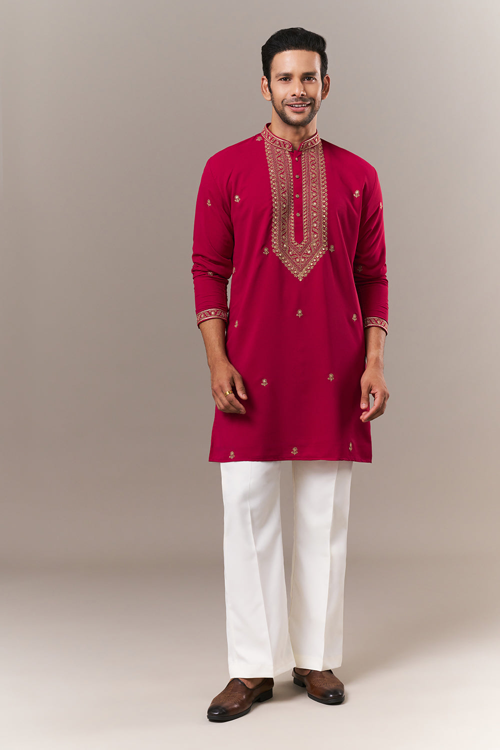 Dark Pink Faux Georgette Mens Kurta Set with Dori and Sequin Work