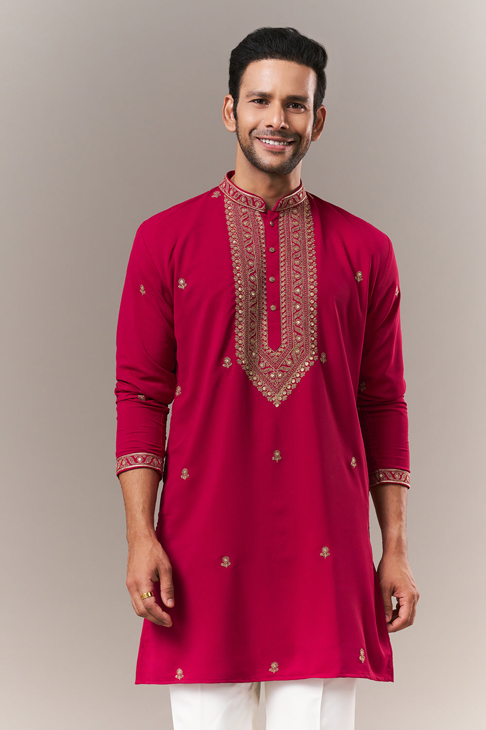 Dark Pink Faux Georgette Mens Kurta Set with Dori and Sequin Work
