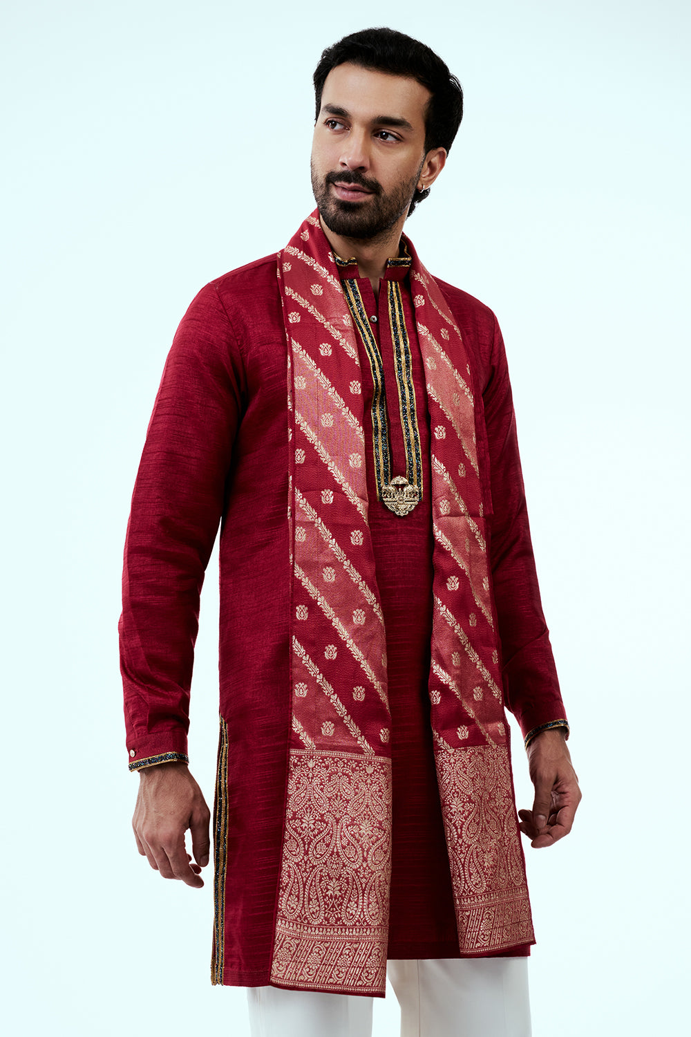 Dark Red Nokia Silk Mens Kurta Set with Zari and Embroidery Work