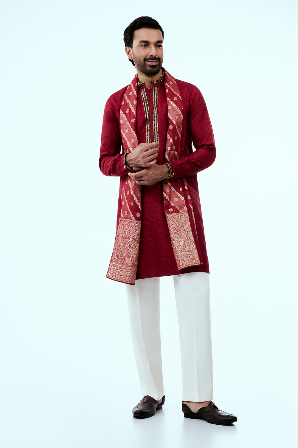 Dark Red Nokia Silk Mens Kurta Set with Zari and Embroidery Work