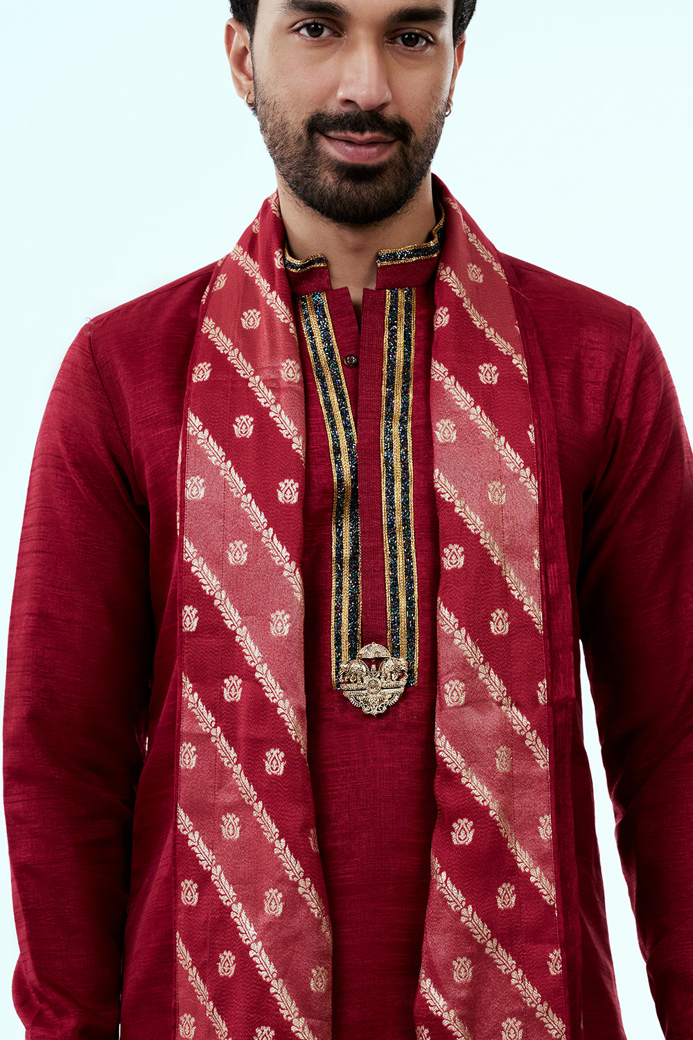 Dark Red Nokia Silk Mens Kurta Set with Zari and Embroidery Work