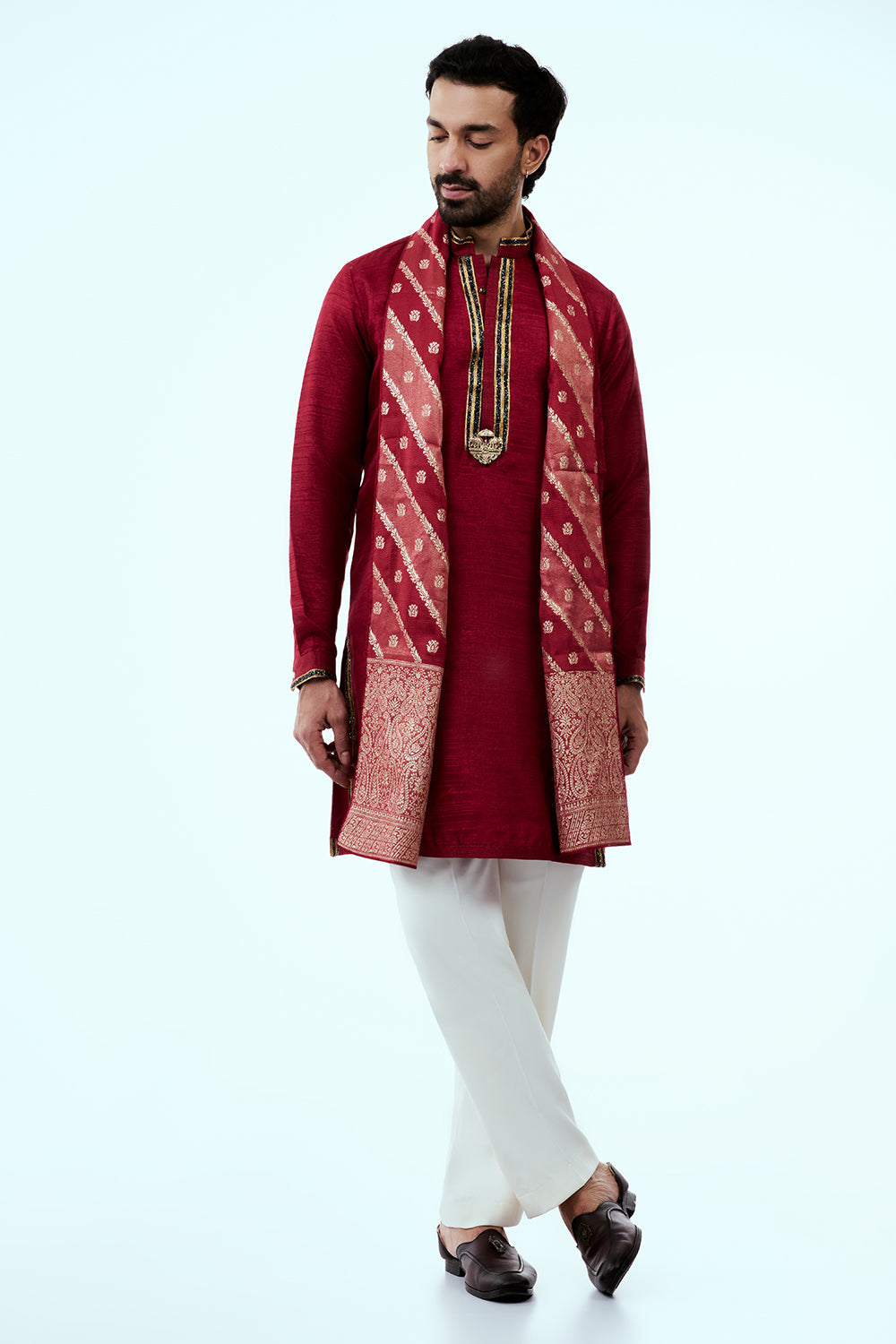 Dark Red Nokia Silk Mens Kurta Set with Zari and Embroidery Work