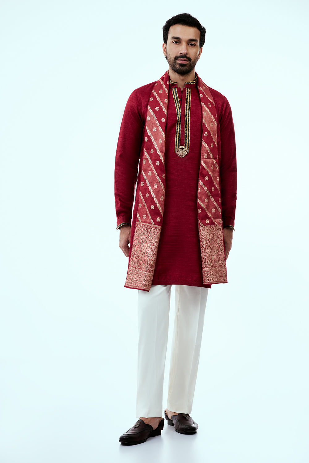 Dark Red Nokia Silk Mens Kurta Set with Zari and Embroidery Work