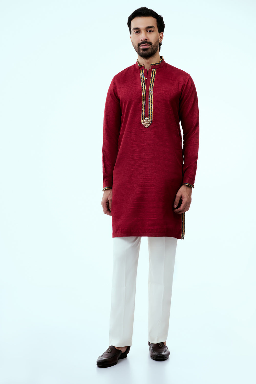 Dark Red Nokia Silk Mens Kurta Set with Zari and Embroidery Work