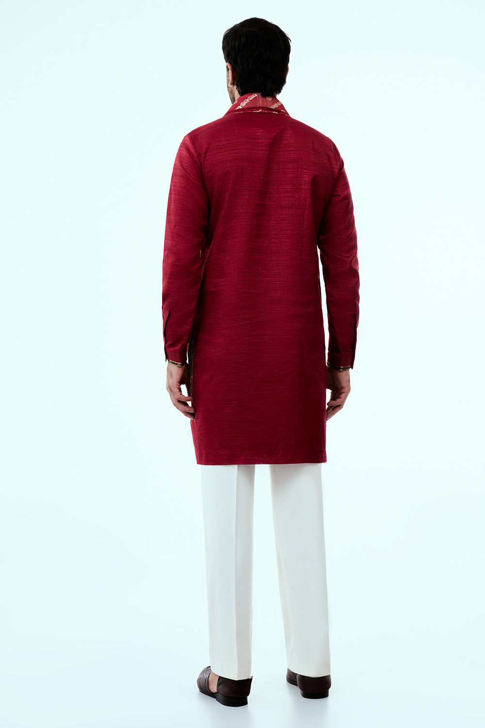 Dark Red Nokia Silk Mens Kurta Set with Zari and Embroidery Work