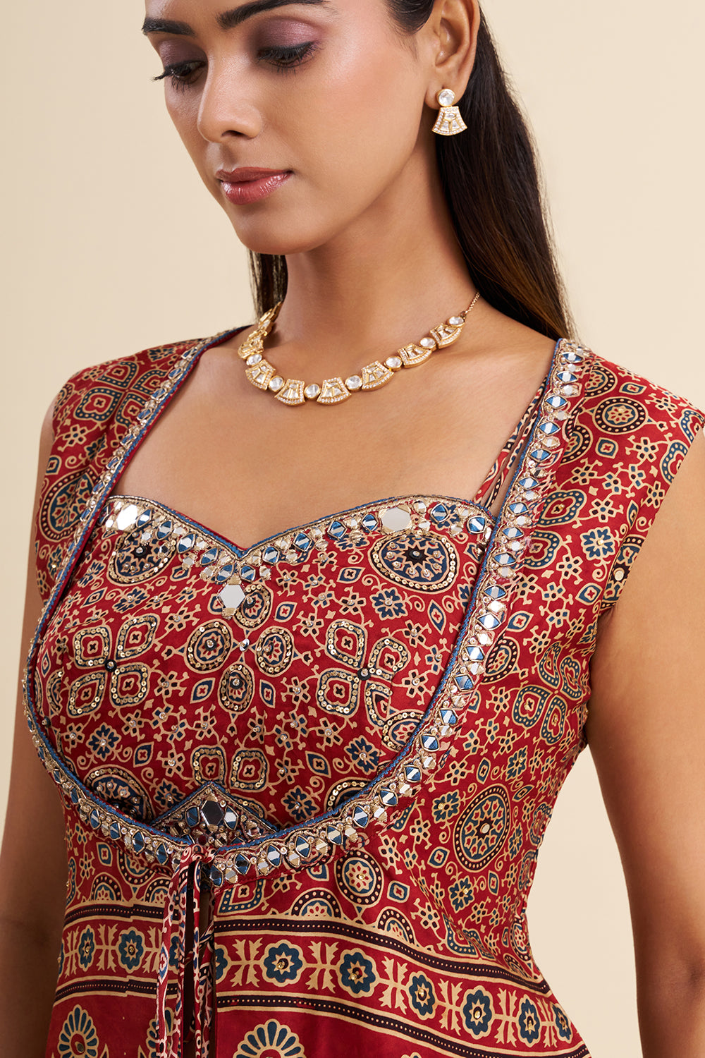 Dark Red Satin Modal Fusion Set with Ajrakh Work