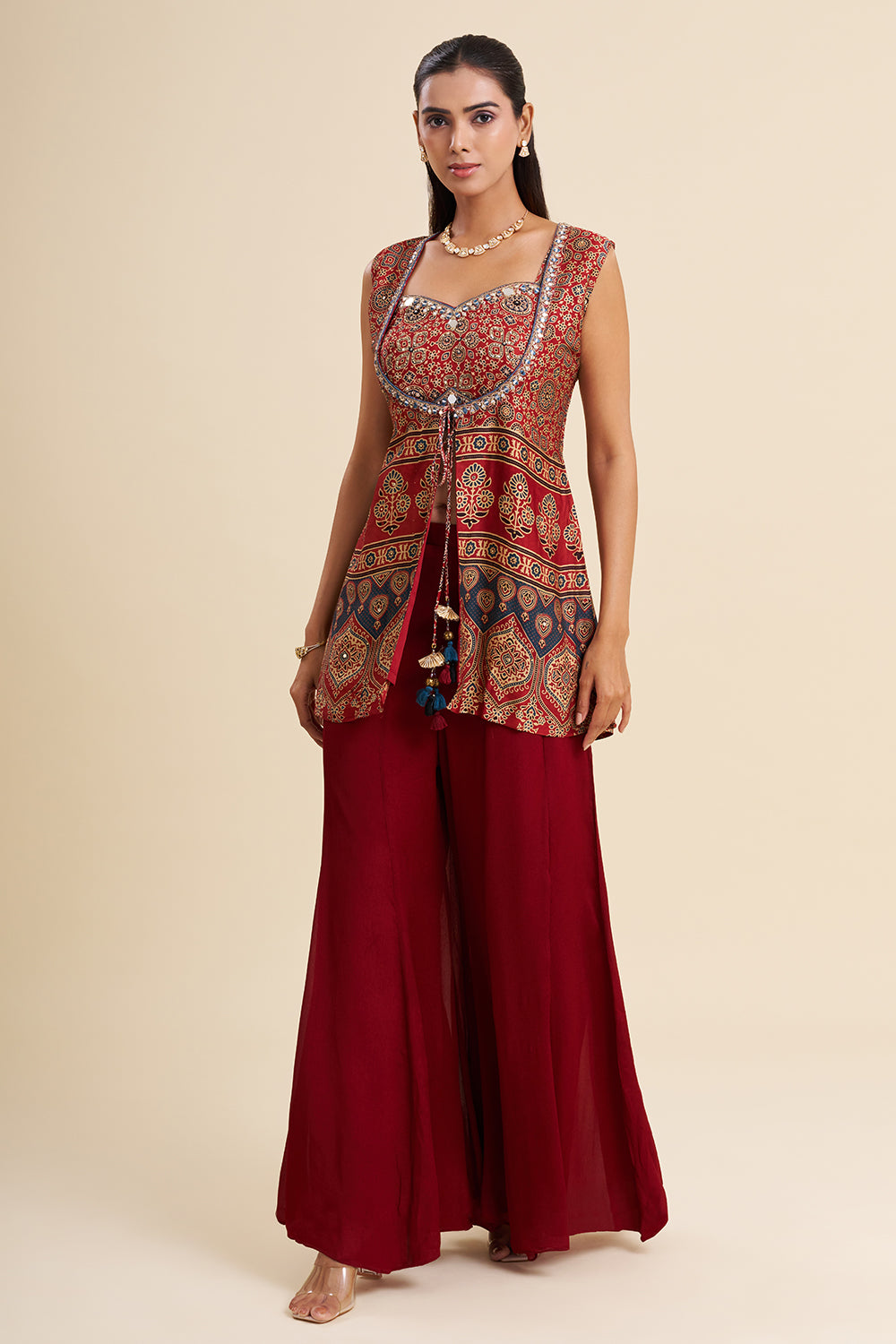 Dark Red Satin Modal Fusion Set with Ajrakh Work