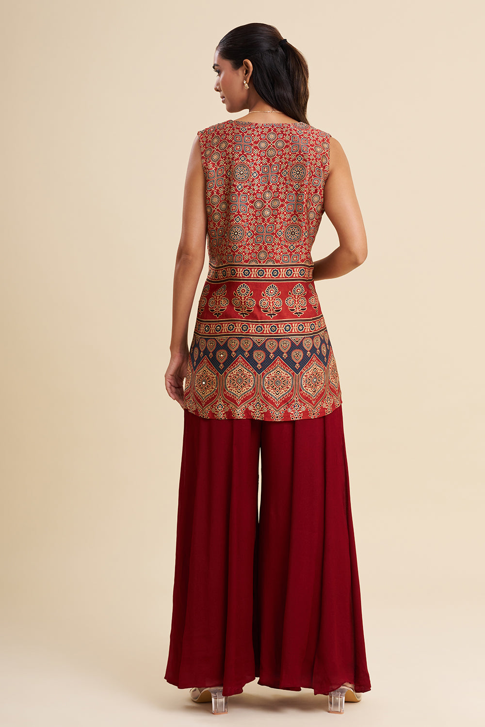 Dark Red Satin Modal Fusion Set with Ajrakh Work