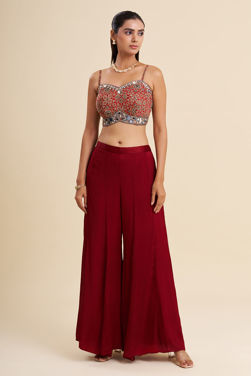 Dark Red Satin Modal Fusion Set with Ajrakh Work