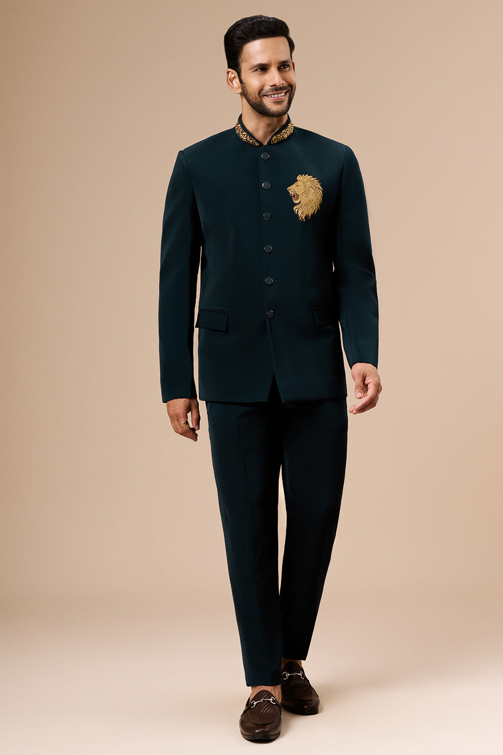 Dark Teal Georgette Jodhpuri with Zari and Thread Lion Motif