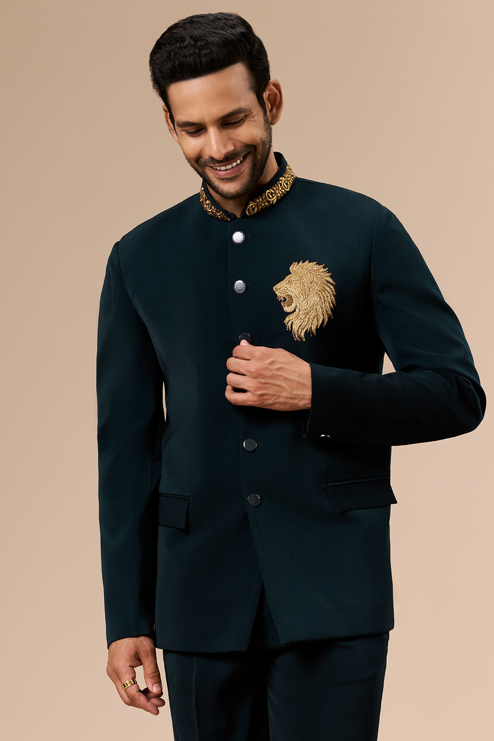 Dark Teal Georgette Jodhpuri with Zari and Thread Lion Motif