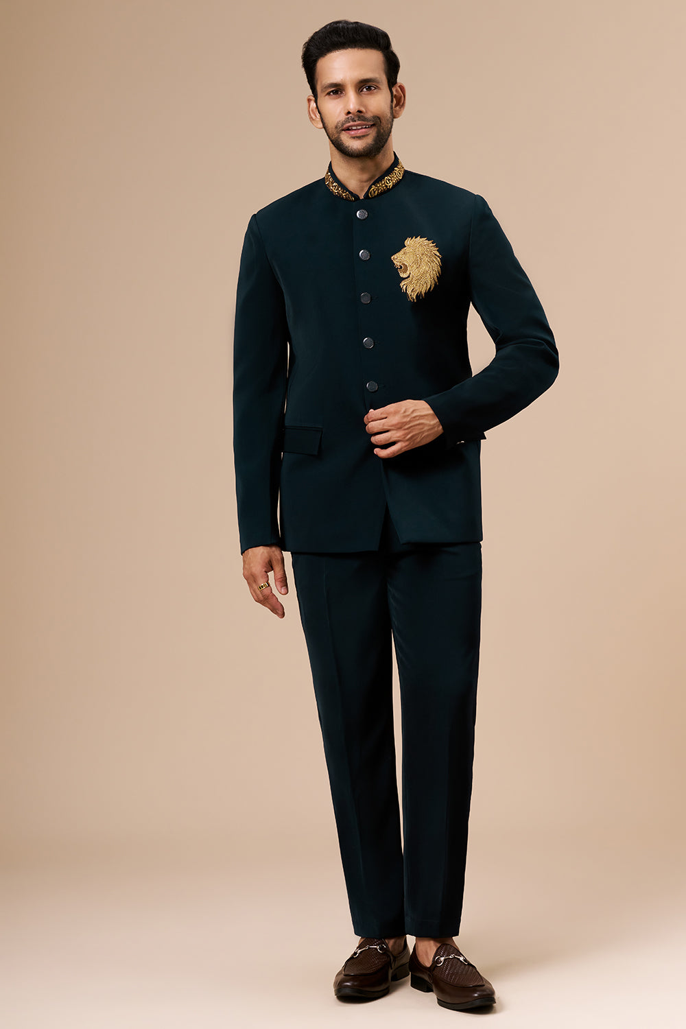 Dark Teal Georgette Jodhpuri with Zari and Thread Lion Motif