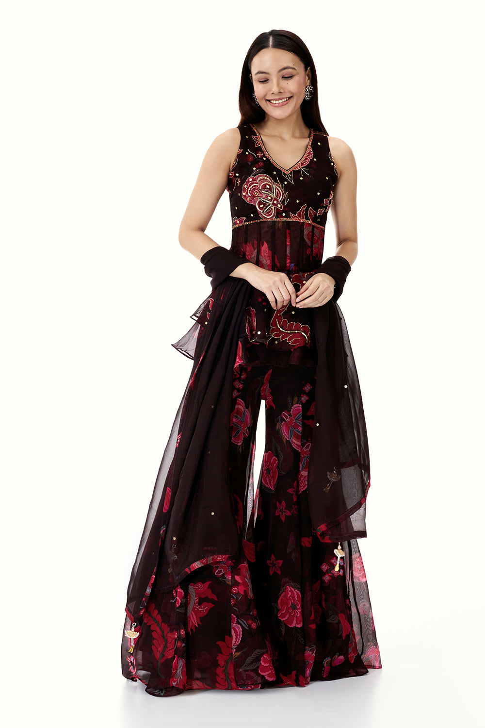 Dark Wine Coloured Organza Peplum Sharara Suit with Mirror and Cutdana Work