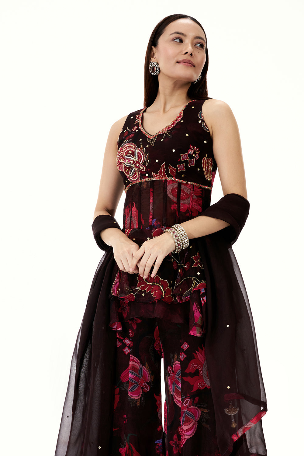 Dark Wine Coloured Organza Peplum Sharara Suit with Mirror and Cutdana Work